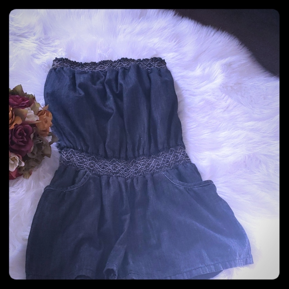 Denim tube top romper shorts